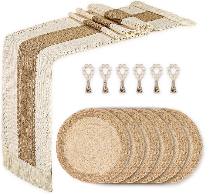 Placemats Set of 6,Natural Round Placemats with Table Runner & Napkin Rings | Made of Cotton Burlap and Corn Husk,Protective,Heat-Resistant,Non-Slip Boho Table Mats Fall Placemats for Dining Table Décor