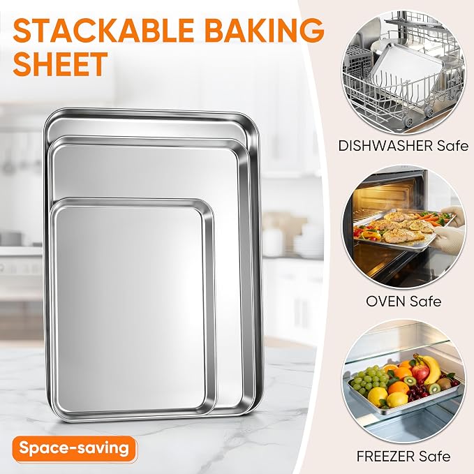 LIANYU Baking Sheet Pans, Half Sheet/Jelly Roll/Quarter Sheet, 3 Pack | Stainless Steel Cookie Sheet for Baking, 17.5/16/12.4 Inch Metal Tray, Heavy Duty, Dishwasher Safe, Non Toxic