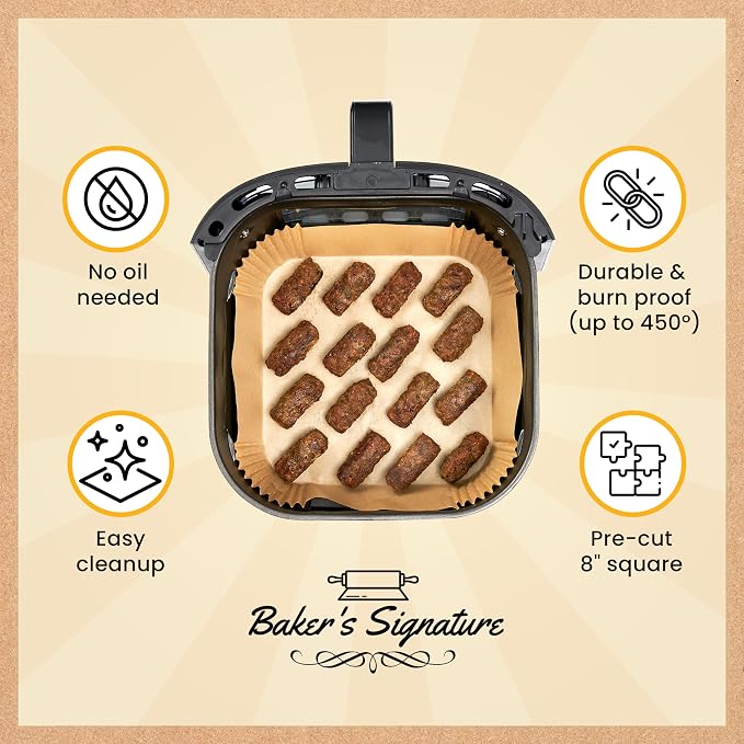 250 pcs Air Fryer Liners, Disposable Airfryer Paper Liners | Non-Stick and Oil Proof for Easy Cleanup, Great for Oven, Pans & Baking – 8" Square for 5-8 qt Basket by Baker's Signature