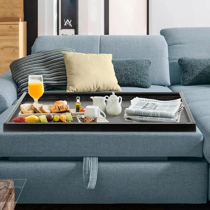 40 x 24 Inches Extra Large Solid Wood Serving Tray for Tea Coffee Table Snack Food Meals Serving Plate Kitchen Party Bar Breakfast Server with Raised Edges Black Wooden Decorative Ottoman Tray