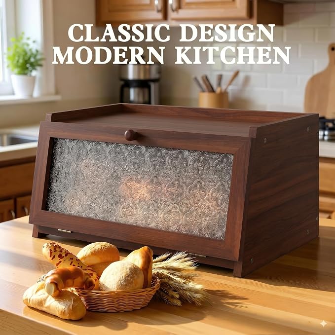 LOHASOK Bread Box for Kitchen Countertop,Brown Begonia | Large, Farmhouse Bread Container Holder Storage, Acrylic translucent window