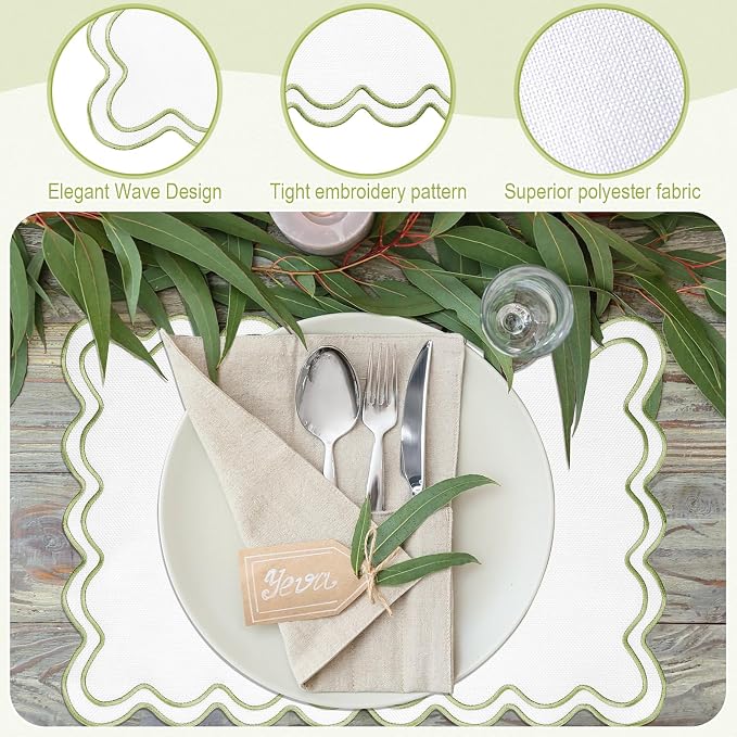 HunnmingRe White with Green Set of 6 Cotton Linen Wedding Placemats, 13x19 Inch Scalloped Wavy Embroidery Placemat Double Layered Washable Rustic Rectangle Dinner Table Mat for Home Decor