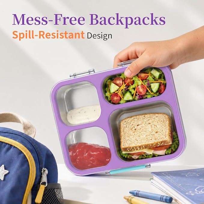 Stainless Steel Lunch Box for Kids, Leakproof 4 Compartment Kids Bento Lunch Box with Clear Lid, BPA-Free Steel Lunch Box Containers for School Travel (Purple)