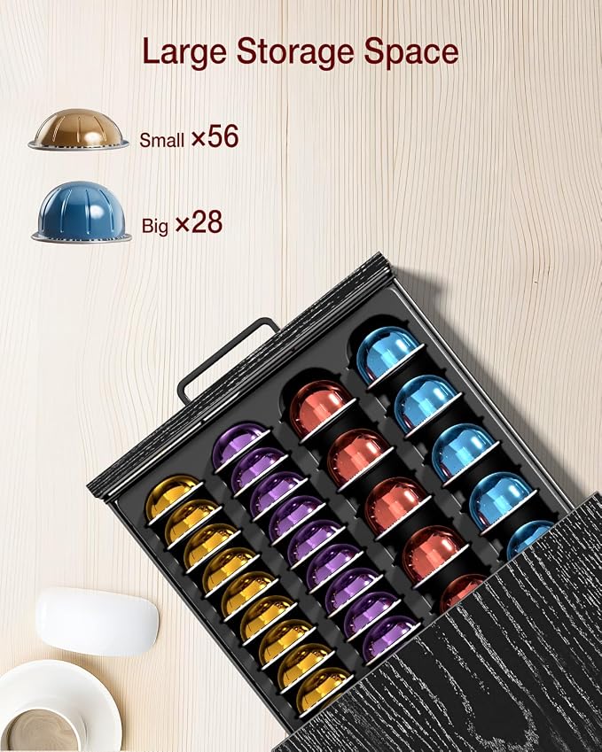 Evermagin Coffee Pod Holder Compatible with Nespresso,Fit 28 Large/56 Small | Coffee Pod Organizer Drawer Station with Cup Rack, Vertuo Pod Holder for Home and Office,Black