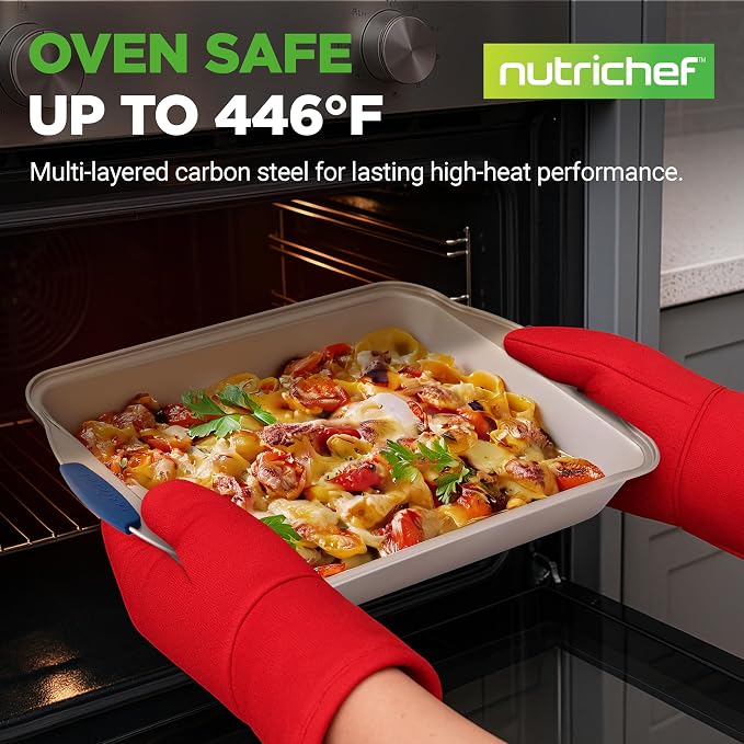 NutriChef 6-Piece Nonstick Bakeware Set - Premium Carbon Steel Baking Trays w/Heat-Safe Silicone Handles - Includes Loaf Pan, Muffin/Cupcake Pan, Round & Square Roaster Pans, Cookie Sheet - NCSBSG36