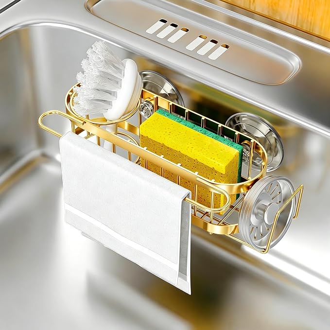 Cisily Kitchen Sink Caddy Sponge Holder in The Sink, Stainless Steel Kitchen Sink Organizer, Brush Holder, Dish Cloth Hanger, Sink Stopper Holder (Suction cup-Gold)