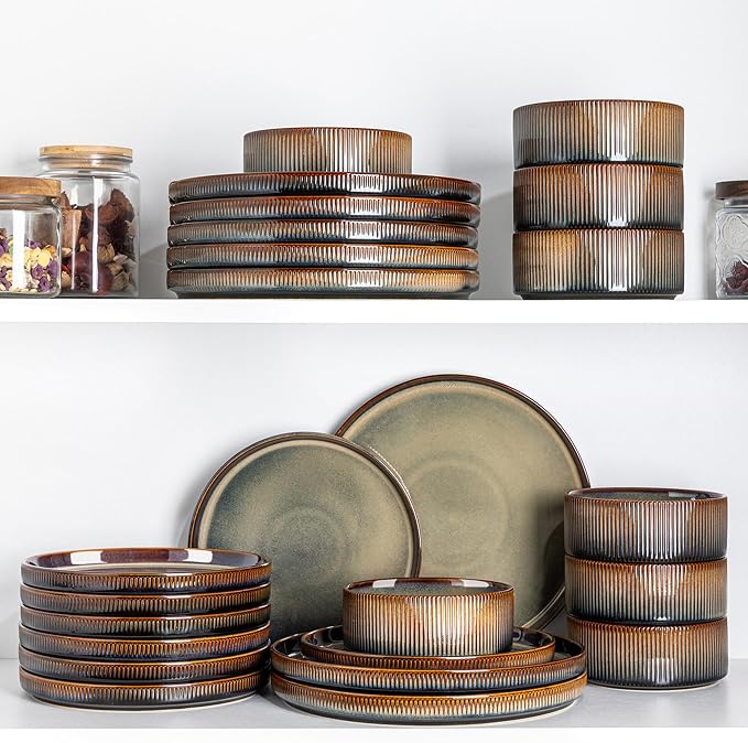 Ceramic Dinnerware Set for 4, 12-Piece Plates and Bowls Set | Lightweight Porcelain Dish Set, Scratch Resistant, Oven & Microwave & Dishwasher Safe, Cocoa Mocha