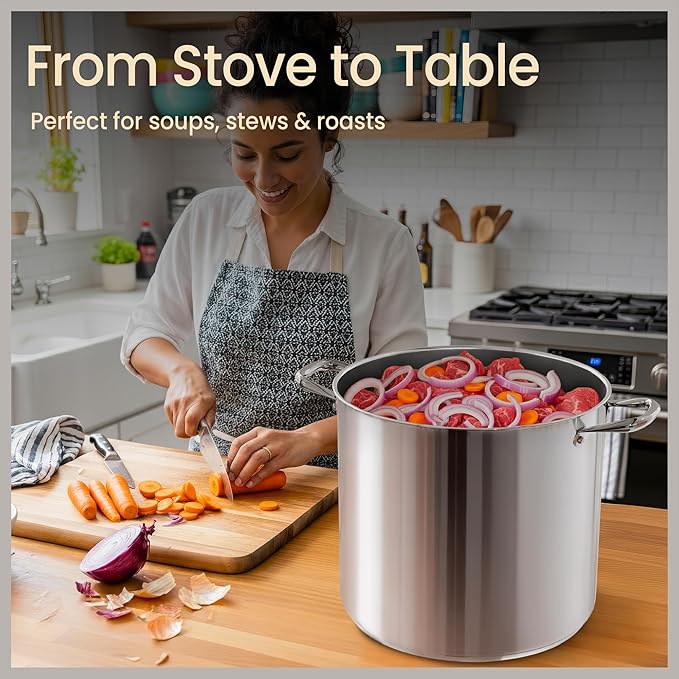 Stainless Steel Stockpot with Tempered Glass Lid 16 Quart, Durable 18/0 Stainless Steel, Impact-Bonded Base for Even Heating, Riveted Handles, Oven & All Stove Compatible, Safe Up To 500°F (260°C)