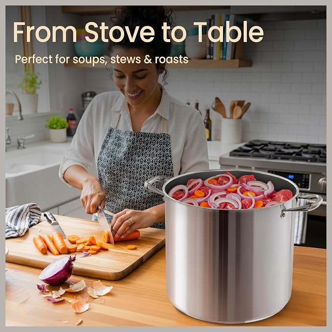 Stainless Steel Stockpot with Tempered Glass Lid 24 Quart, Durable 18/0 Stainless Steel, Impact-Bonded Base for Even Heating, Riveted Handles, Oven & All Stove Compatible, Safe Up To 500°F (260°C)