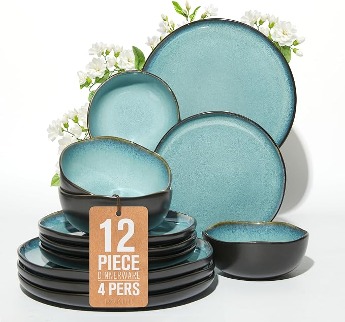 Stoneware Dinnerware Sets, Kitchen Plates and Bowls Set, Ceramic Dish Set for 4, Modern Chip & Scratch Resistant Dishware Sets, Durable Reactive Glaze Dinner Set, Green Black