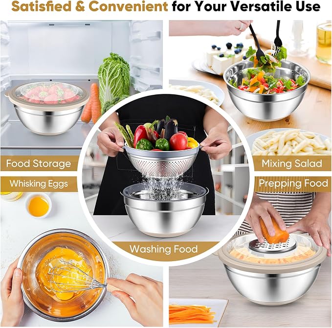 P&P CHEF Mixing Bowls with Lids, Metal Mixing Bowl with Colander, Khaki | 3 PCS Stainless Steel nesting bowls for Prepping, Storing, Colander for Draining, 3 Grater Attachments & Non-Slip Bottoms