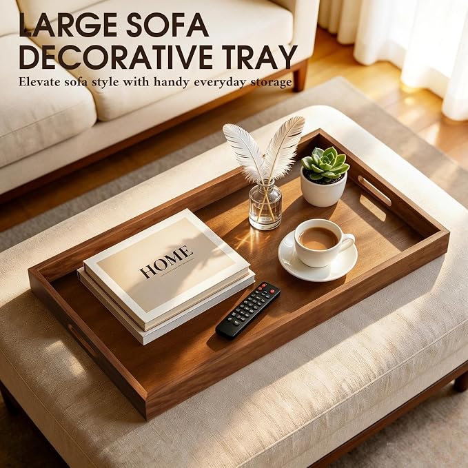 Extra Large Ottoman Tray, 32 x 18 inches Black Walnut Wooden Tray | Rectangle Decorative Tray with Handles, Wood Coffee Table Tray, Serving Platter Tray for Living Room, Countertop, Breakfast