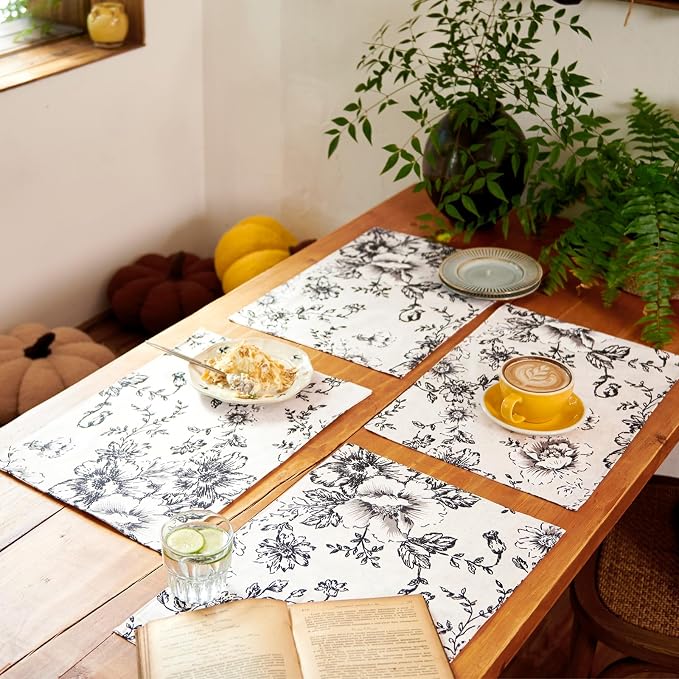 JINCHAN Alice Linen Floral Placemats Set of 4 Farmhouse 13x19 Inch Black | Fabric Placemats, Cottage Style, Floral Line Art, Machine Washable, Easy to Store, Reusable
