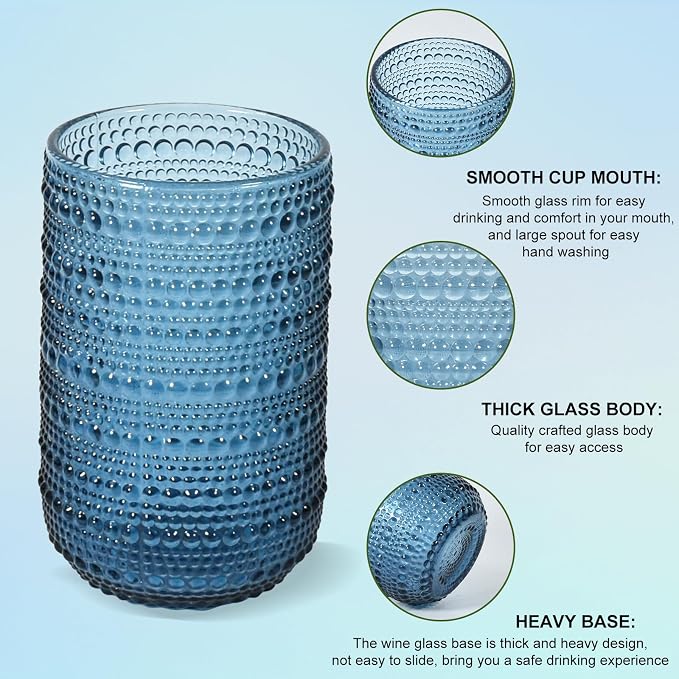 CHLJAR Vintage Glassware Drinking Glasses Set of 6, 14 oz hobnail drinking glasses, Embossed Blue Water Tumbler for Cocktail Whiskey Wine Beer Juice, Old Fashioned Beaded Glasses, Blue