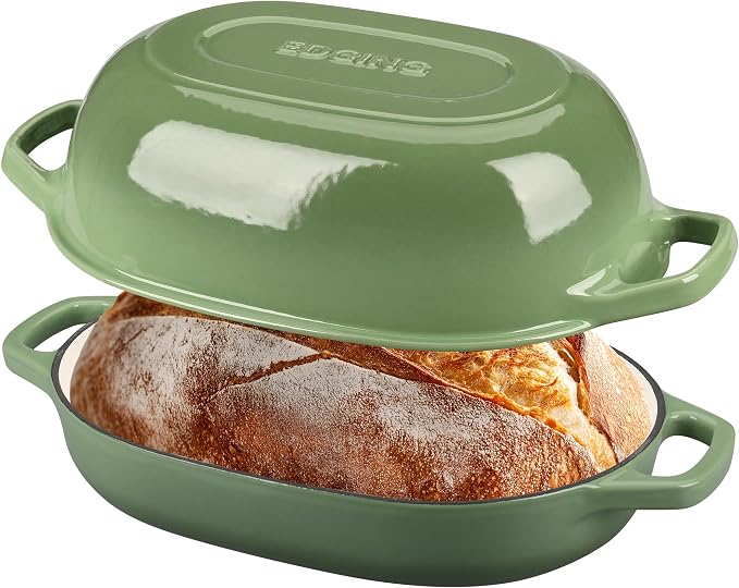 EDGING CASTING Enameled Cast Iron Oval Dutch Oven Pot with Lid, Dutch Oven for Sourdough Bread Baking, Bread Oven, Bread Dutch Oven, Oval Bread Pan, 7qt, Pistachio Green