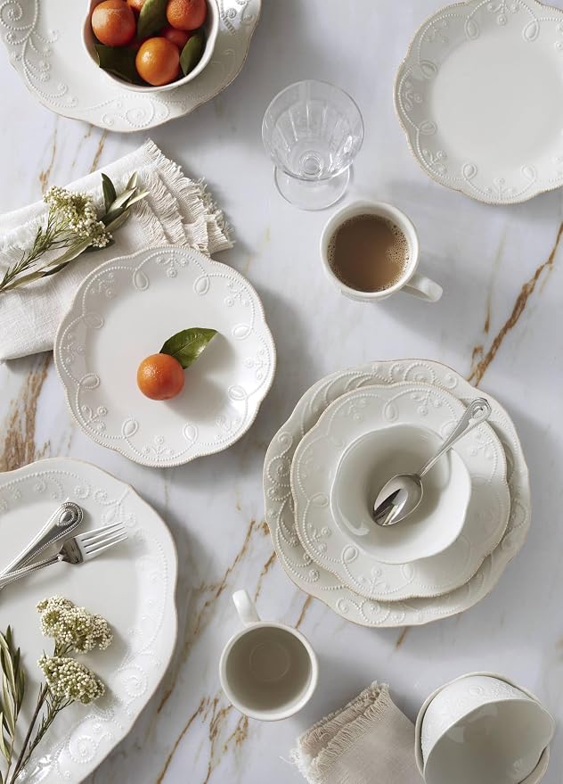 Lenox French Perle White Stoneware 16-Piece Dinnerware Set for 4 | dishwasher safe, microwave safe | plates and bowls sets for kitchen and dining, dish set, dishes, gift for women