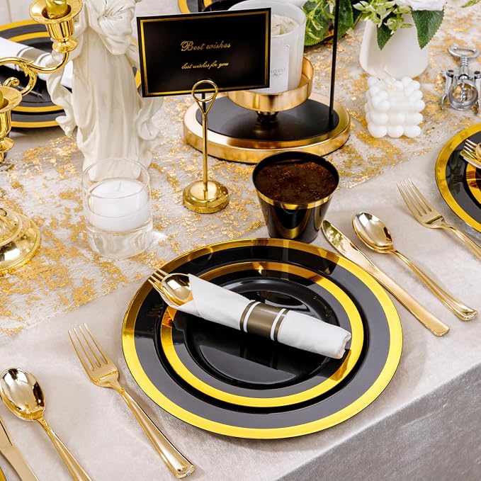 YOUBET 350PCS Black and Gold Plastic Plates for Party Wedding | Black Disposable Dinnerware Sets for 50 Guests - 100 Plastic Plates, 150 Gold Silverware, 50 Cups, 50 Pre Rolled Napkins