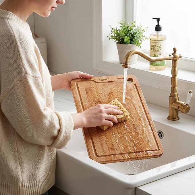 Dark Bamboo Wooden Cutting Boards Kitchen Chopping Boards With 3 hooks | Durable carbonized bamboo construction deep juice groove for food prep meat cutting vegetable chopping and daily serving