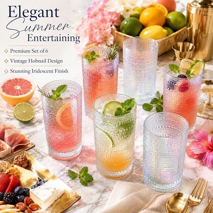 Hobnail Beaded Highball Drinking Tumbler Glasses | Set of 6 | Iridescent Pearl Vintage Bubble Design Glassware, Old-Fashioned, Embossed Design, Water, Wine, Cocktail Embossed Heavy Glass, Rocks Glass