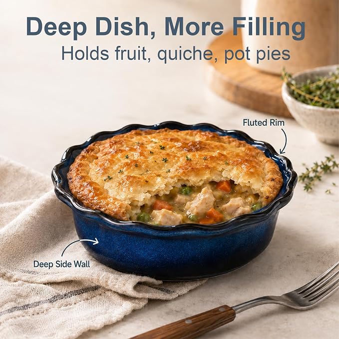 ONEMORE 6 Inch Ceramic Mini Pie Pans Set of 4, Deep Dish Pie Plates with Fluted Edges, Blue Gradient Small Baking Dishes for Pot Pies, Quiche, Tarts and Individual Desserts, Oven Safe