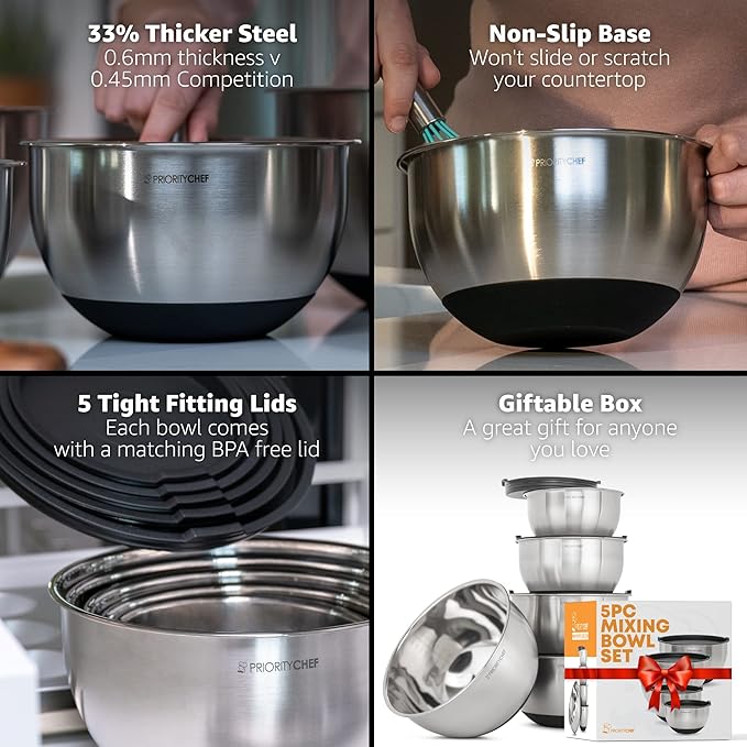 Premium Mixing Bowls With Lids Set, Airtight Lids, Thicker Stainless Steel, Non-Slip Base, 5 Nesting Steel Bowls for Kitchen, Large Prep Metal Bowl Set 1.5/2/3/4/5 Qt, Black