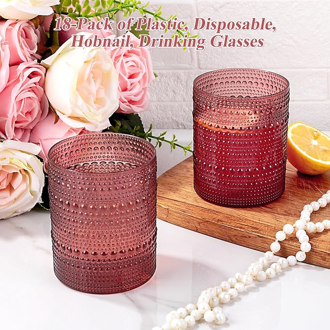 18PCS Hobnail Plastic Drinking Glasses 14 oz Burgundy Cups for Party | Vintage Glasses Mixed Drinkware Sets, Clear and Sturdy, Disposable yet Stylish, Perfect for Beer, Whiskey, Juice, Cocktails