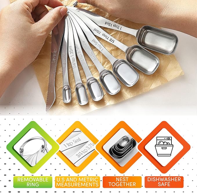 Spring Chef Stainless Steel Measuring Spoons Set of 8 with Leveler | Rectangular Metal Teaspoon & Tablespoon Measuring Spoons for Dry & Liquid Ingredients, Nesting Metric Spoons with Long Handle