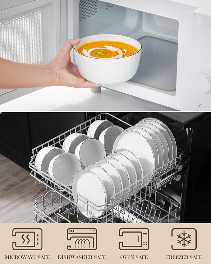 MALACASA 18-Piece Dinnerware Set for 6, White Black-Rim Porcelain Dishes | High-Fired Porcelain, Chip and Scratch Resistant, Microwave and Dishwasher Safe, Dinner, Salad Plates and Cereal Bowls