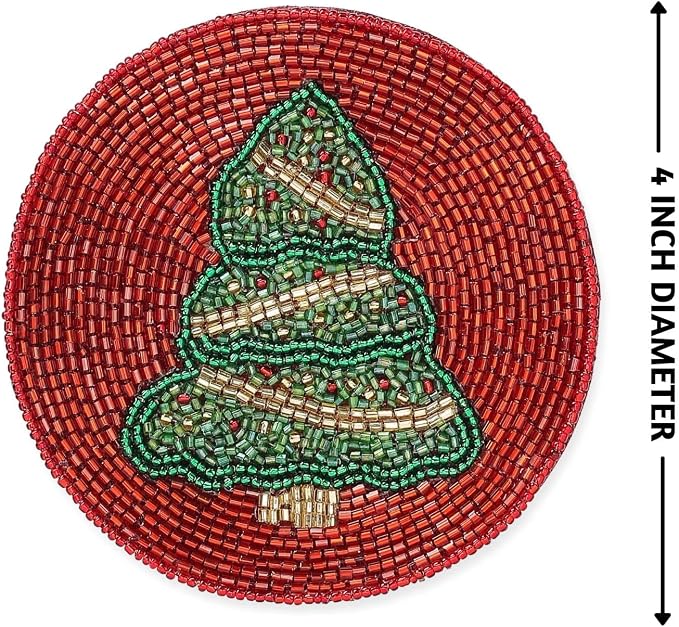 Folkulture Cute Coasters,Set of 4 for Drink,Waterproof, Boho Table Décor | Holiday Magic Beaded Handmade Round Drink Coasters for Coffee Table & Bar, Hand-Crafted Cute Coasters for Housewarming Gifts