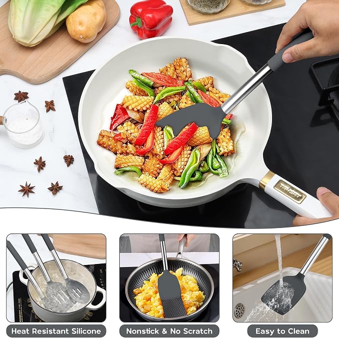 Onader 10 Pieces Silicone Kitchen Utensils Set, Cooking Utensils with Holder and Heat Resistant Stainless Steel Handle for Nonstick Cookware -Gray