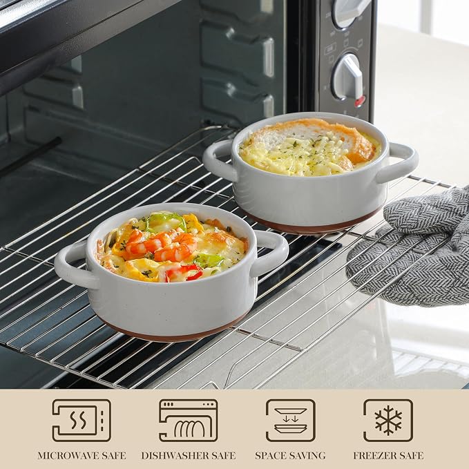 MALACASA Mini Cocotte Set of 4, 12 OZ Ramekins with Lids and Handles | Small Casserole Dishes for Oven, Ceramic Baking Dishes Set, Single Serving, Microwave & Dishwasher Safe, Khaki Grey