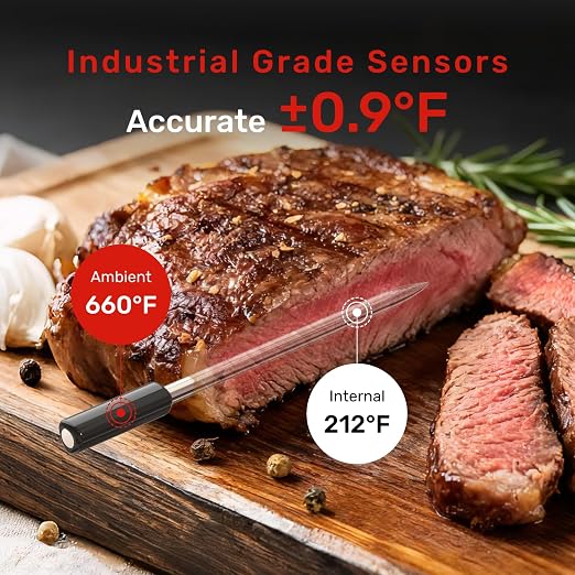 Wireless Meat Thermometer Digital with Remote App Monitoring | ±0.9℉ Accuracy Bluetooth Meat Thermometer, Wi-Fi Unlimited Range, DishWasher Safe, and App Alerts, for BBQ/Oven/Grill/Smoker