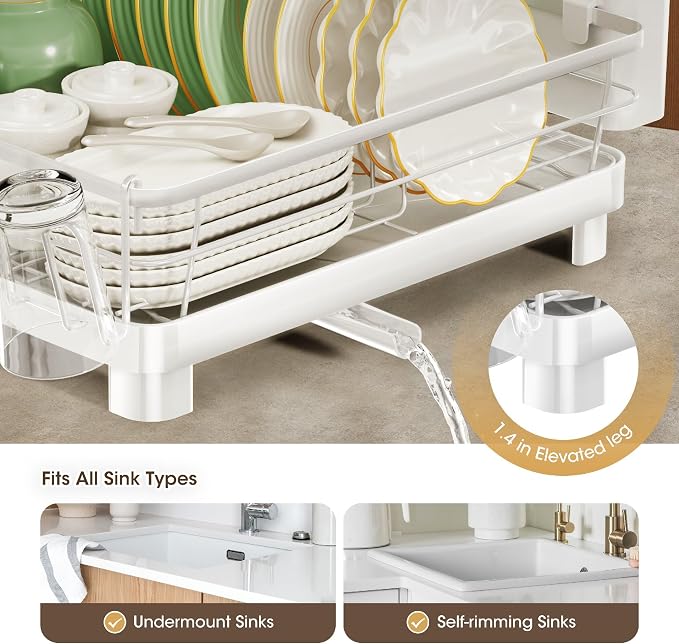 Runnatal Dish Drying Rack with Drainboard for Kitchen Counter and Sink | Large Dish Rack Rustproof Dish Drainer with Detachable 2-in-1 Utensil Holder, Extra Cup Holder, White