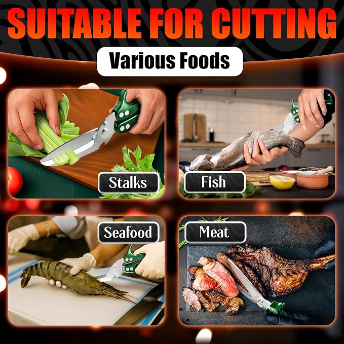 Kitchen Shears Heavy Duty, Safety Lock, Stainless Steel (Green) | Poultry Shears for Chicken, Turkey, Spatchcock, Fish; Bone Cutting Scissors, Micro-Serrated, Spring-Loaded, Separate to Clean