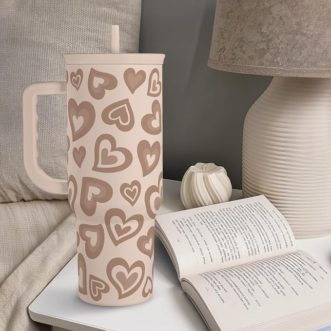 SANDJEST Heart Tumbler with Handle and Straw 40oz – Stainless Sleel Slider Tumbler Travel Coffee Mug for Women - Gift Idea for Birthday Christmas Valentine's Day