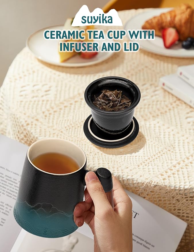 suyika Tea Cup with Infuser and Lid, Gradient Black & Blue, 15.2oz /450ml | Ceramic Mug, Wood Handle, For Loose Leaf Tea
