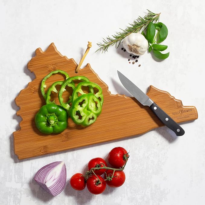 Totally Bamboo Virginia State Shaped Cutting Board, Summer Stokes Art | State charcuterie board with colorful hand-drawn landscape art. Smooth reverse side for food prep. Hang tie for wall display.