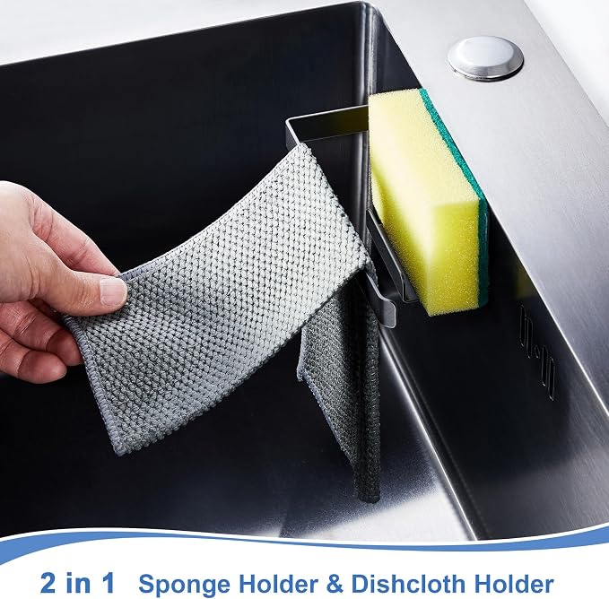 Sponge and Dish Cloth Holder for Kitchen Sink, 2 in 1 Adhesive Sink Dish Sponge Holder, Sinks Caddy Organizer Rack for Storage Sponges Scrubber Glove and Brush, Black