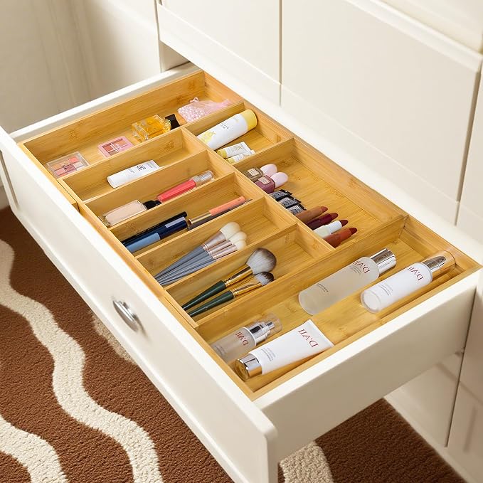 Utoplike Extra Large Kitchen Drawer Organizer, Solid Bamboo Silverware Tray | Expandable Drawers Organizer Holder for Utensils, Cutlery, Silverware, Flatware and Spatulas, Adjustable 7-9 Slots