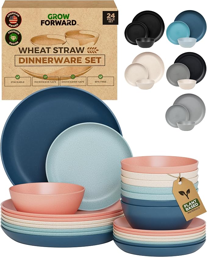 Grow Forward 24-piece Premium Wheat Straw Dinnerware Sets for 8 - Unbreakable Dishwasher & Microwave Safe Plastic Plates and Bowls Sets - Patio, Outdoors, RV, Camping Dishes - Tropical