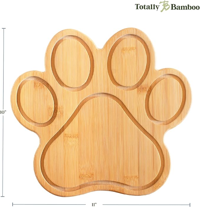 Totally Bamboo Dog Paw Shaped Cutting and Charcuterie Board, 11 x 10 in | Bamboo paw-shaped serving board with juice grooves for prep and entertaining. Built-in keyhole for easy wall display.