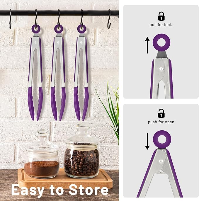 Hotec Mini Silicone Kitchen Tongs for Cooking - 7-Inch Small Serving Tongs with Silicone Tips, Set of 3 (Purple)