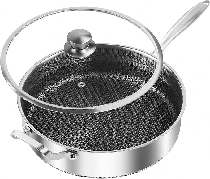 Toutrop Frying Pans Nonstick wih Lid, Non Stick Tri-Ply Stainless Steel Saute Pan, 8 Quarts Large Sauté Pan, 13.5 Inch Induction Cooking Pan, Dishwasher and Oven Safe, PFOA Free