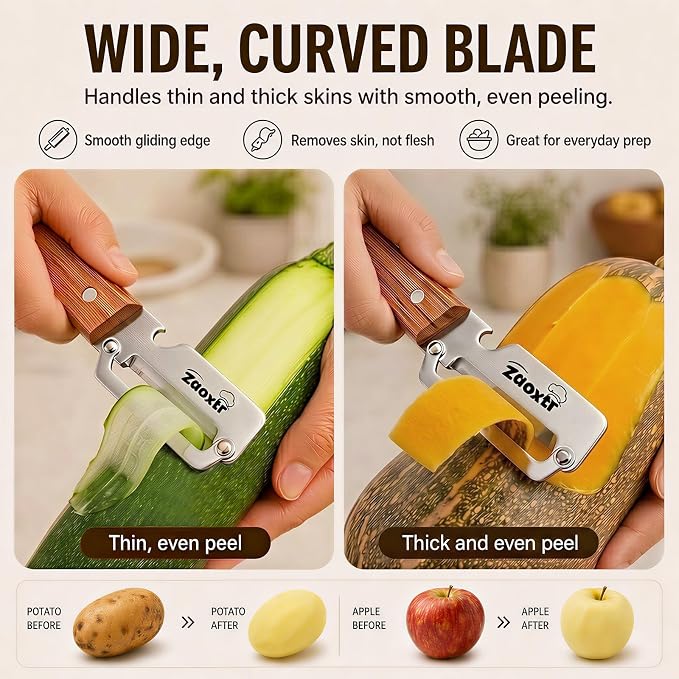 2-in-1 Multifunctional Vegetable Peeler with Bottle Opener | Wide Stainless Steel Blade and Non-Slip Wooden Handle, Kitchen Peeler for Potato, Apple, Pumpkin, Fruit and Vegetables
