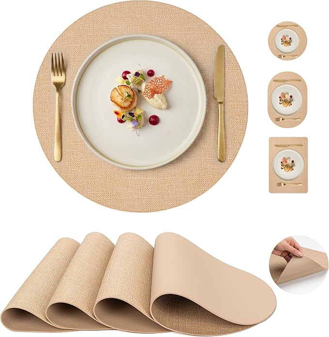 Faux Leather Placemats Set of 4, Wipeable Waterproof Stain Resistant Table Mats, Heat Resistant Thick Placemats with Hand-Painted Edges for Kitchen Dining, Imitative Linen Texture, Various Shapes