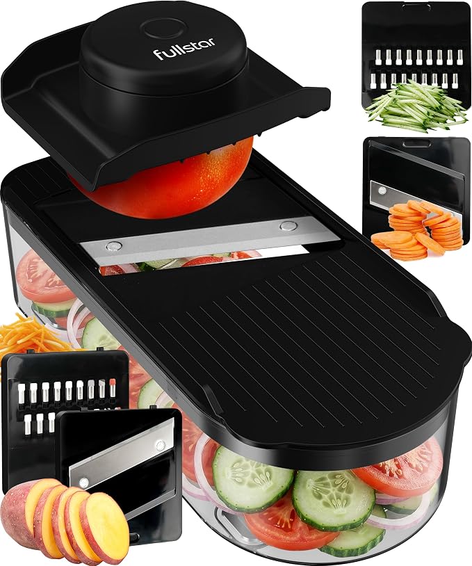 Fullstar Essential Mandoline Vegetable Slicer & Julienne Cutter | 2 in 1 Compact Fruit Cutter, Cucumber Slicer & Cheese Grater, with Stainless Steel Blades, Guard & 3-Cup Container (Black)