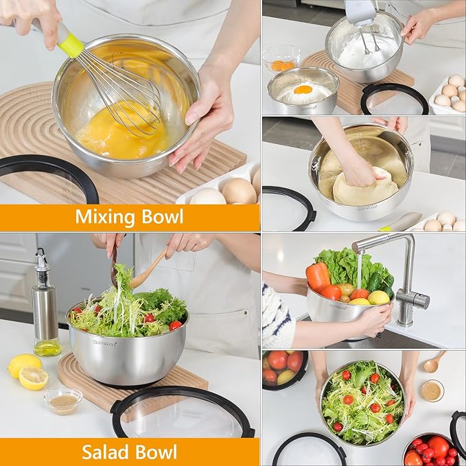 Mixing Bowls with Lids Set, Non Slip Silicone Bottom Stainless Steel Mixing Kitchen Bowls for Baking/Storage, Dishwasher Safe, 5/3/1.5QT | Non Slip Silicone Bottom, Dishwasher Safe, 5/3/1.5QT