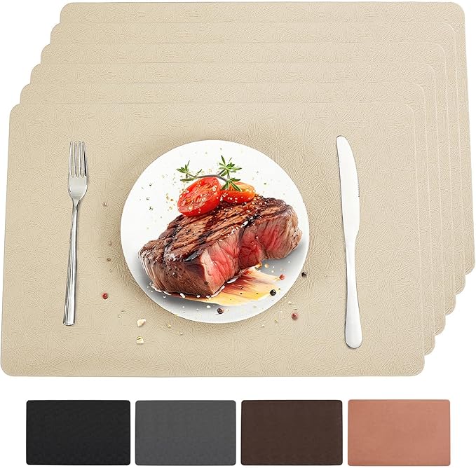 Beige Vinyl Placemats Set of 6 Waterproof Wipeable Table Mats | Heat Resistant Easy Clean Place Mats Faux Leather Table Mats Washable PVC Table Placemats for Dining Table