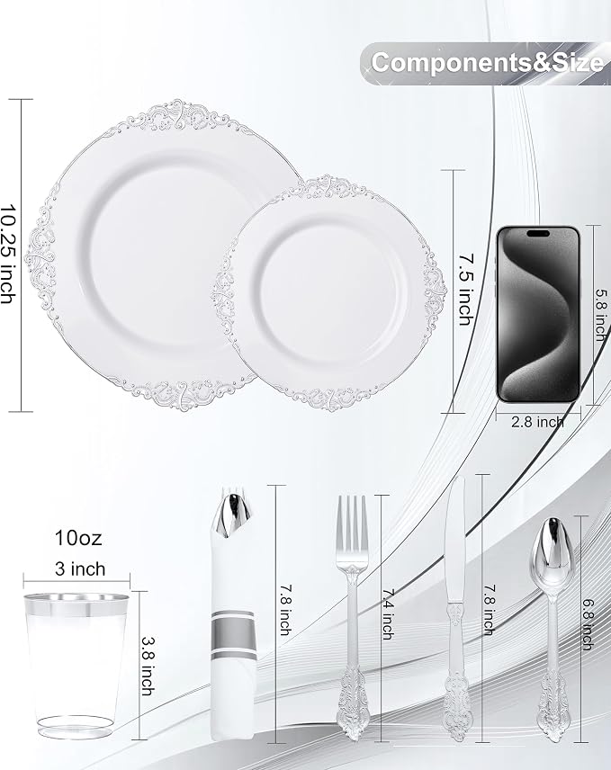 Nervure 700Pcs Silver Plastic Plates, Plastic Dinnerware Set for 100 Guests | 100 7.5" Dessert & 100 10.25" Dinner Plastic Plate, 300 Cutlery, 100 10oz Cups, 100 Napkin for Wedding & Party, Heavy-duty