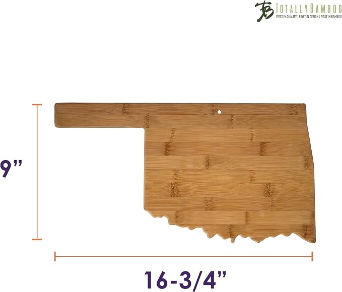 Totally Bamboo Oklahoma State Shaped Bamboo Serving and Cutting Board | State charcuterie board with natural bamboo grain. Knife-friendly surface for food prep. Hang tie for wall display.
